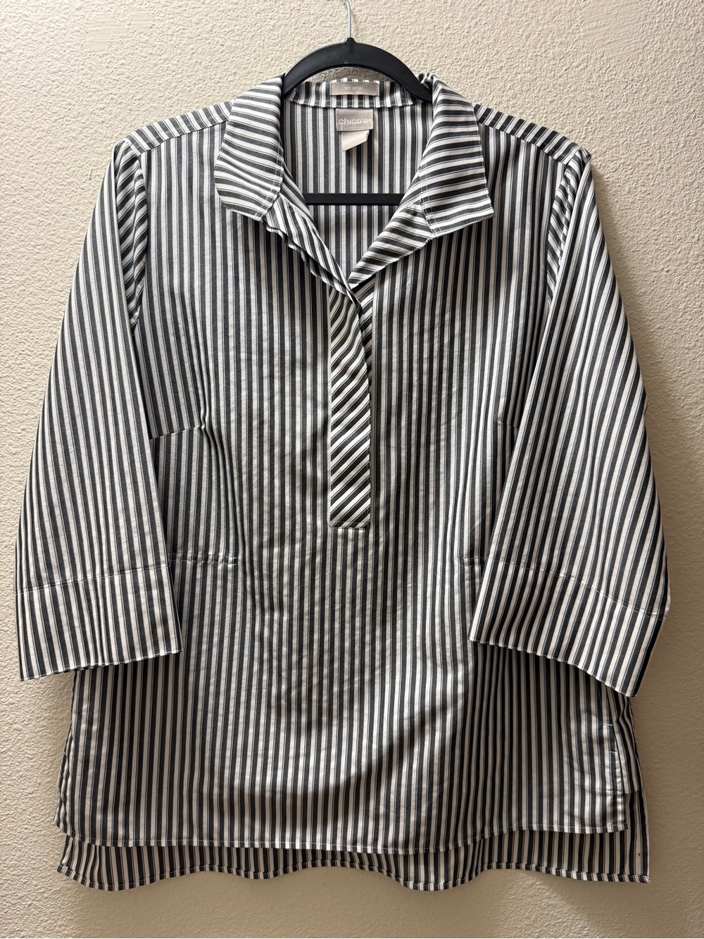 Chico's Womens Blouse Size 10 Black White Striped 3/4 Sleeve Cotton Collared